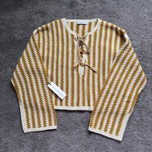 White + Warren Mustard and Cream Fine Cotton Crochet Sweater Top